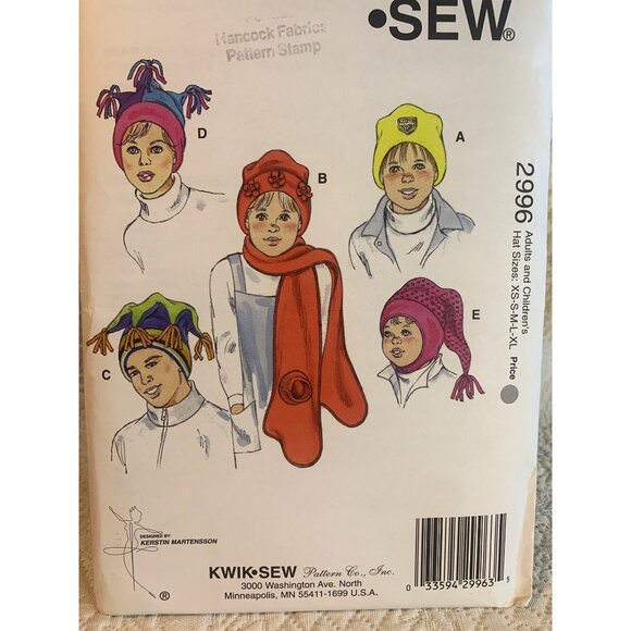 Kwik Sew Adult Child Hat Sewing Pattern sz XS S M L XL 2996 - uncut - Picture 8 of 9